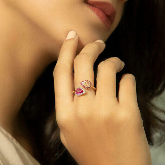 3 CT Pear Cut Pink Sapphire Diamond Bypass Engagement Ring 925 Sterling Silver