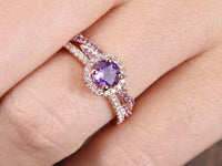 2 CT Round Cut Amethyst Bridal Set Halo Engagement Ring 14K Rose Gold Finish