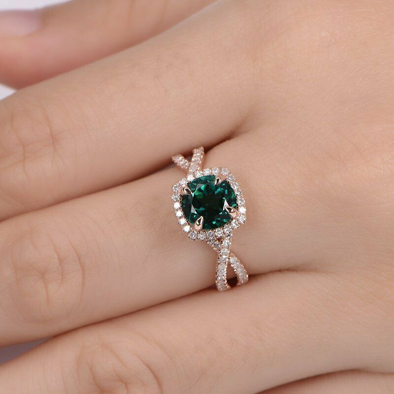 1 CT Round Cut Green Emerald Diamond Halo Wedding Ring 925 Sterling Silver