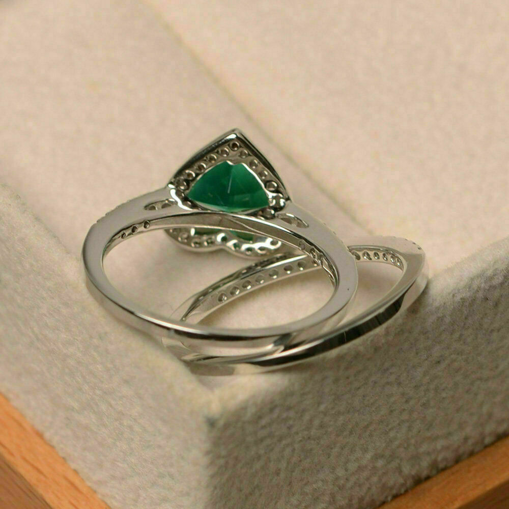 2 CT Heart Cut Green Emerald Bridal Set Engagement Ring 925 Sterling Silver