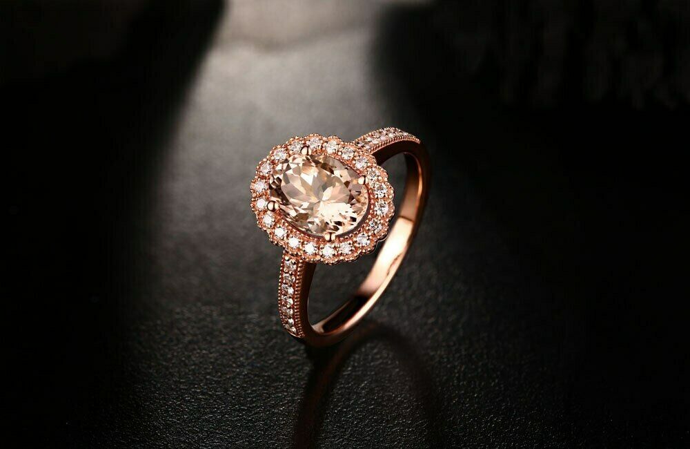 925 Sterling Silver CT Oval Cut Morganite Diamond Halo Engagement Ring