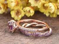 2 CT Round Cut Amethyst Bridal Set Halo Engagement Ring 14K Rose Gold Finish