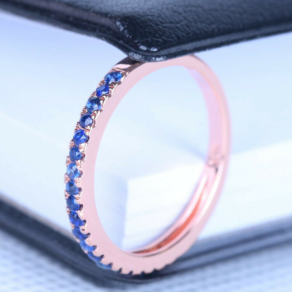 925 Sterling Silver 1 CT Round Cut Blue Sapphire Diamond Wedding Band Ring