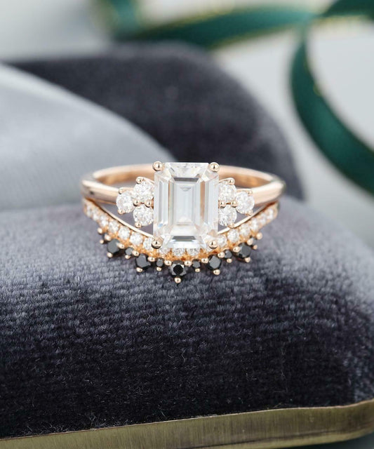 2 CT Emerald Cut Diamond Crown Bridal Set Engagement Ring 925 Sterling Silver
