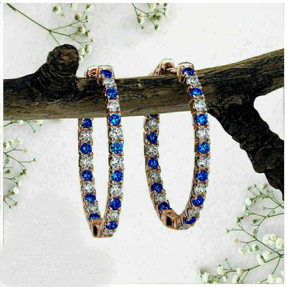 2.10 CT Round Gorgeous Cut Blue Sapphire Huggie Hoop Earring 925 Sterling Silver