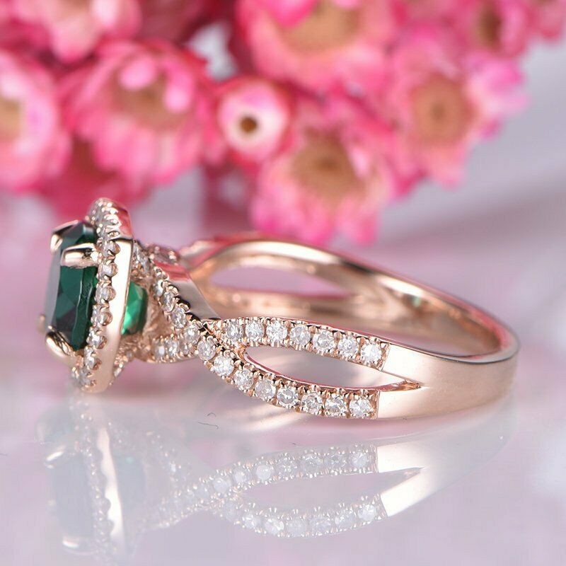 1 CT Round Cut Green Emerald Diamond Halo Wedding Ring 925 Sterling Silver