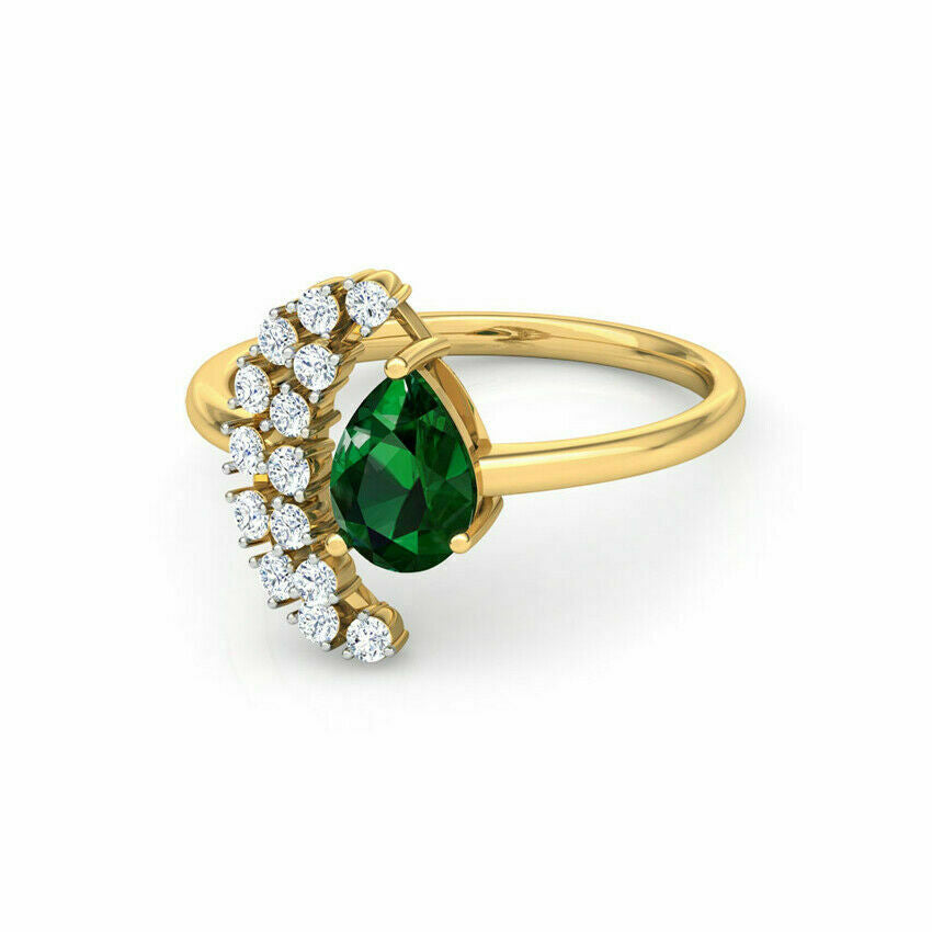 2 CT Pear Cut Green Emerald & Diamond Engagement Ring 925 Sterling Silver