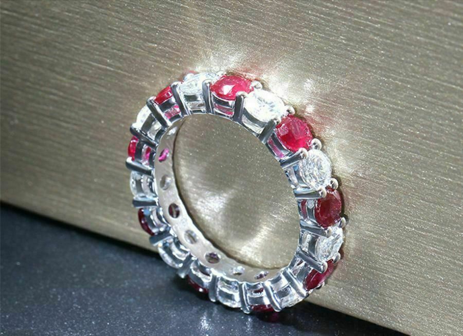 1 CT Round Cut White & Red Ruby Eternity Band Ring 925 Sterling Silver