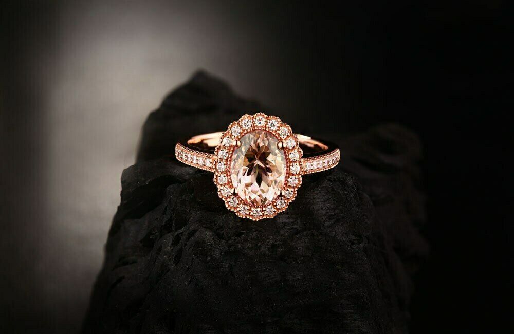925 Sterling Silver 2 CT Oval Cut Morganite Diamond Halo Engagement Ring