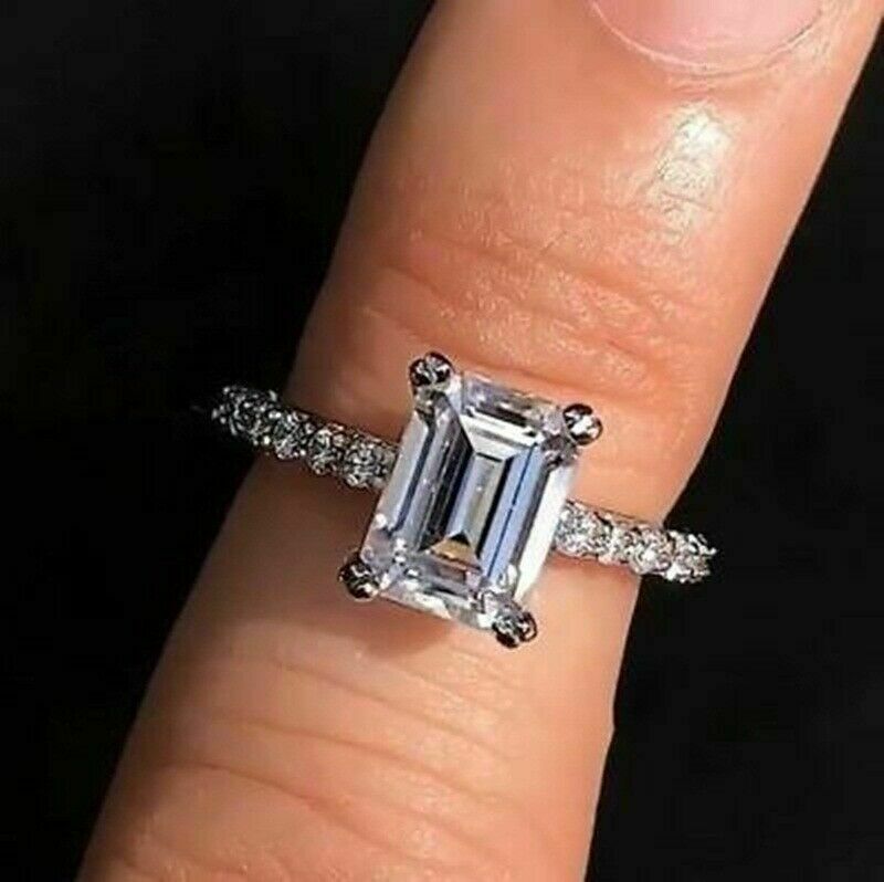 925 Sterling Sliver 2 CT Emerald Cut White Diamond Engagement Ring