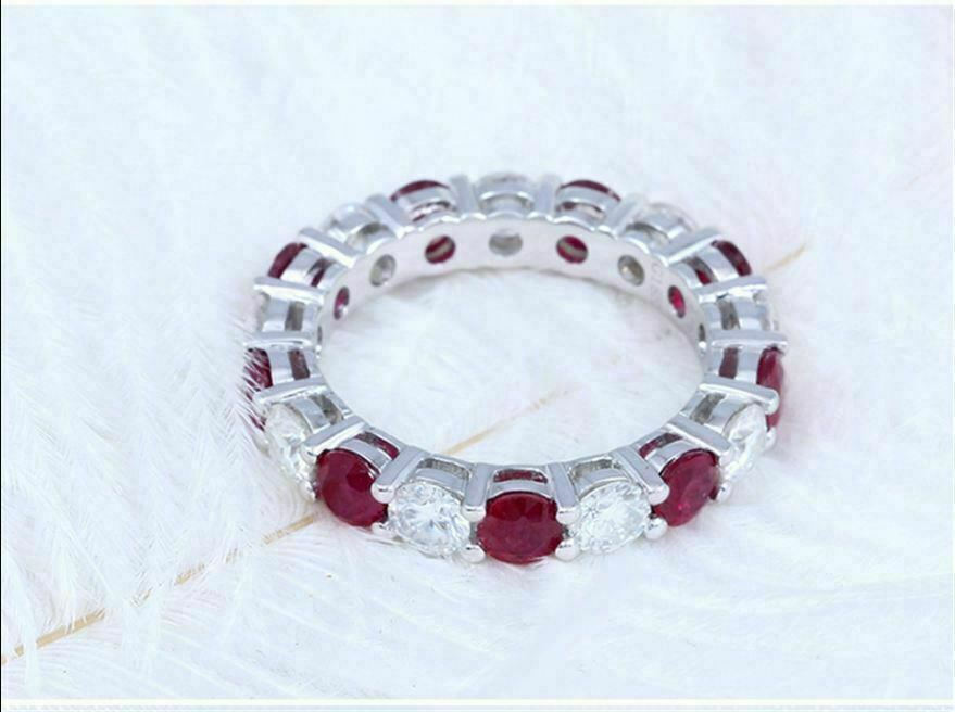 1 CT Round Cut White & Red Ruby Eternity Band Ring 925 Sterling Silver