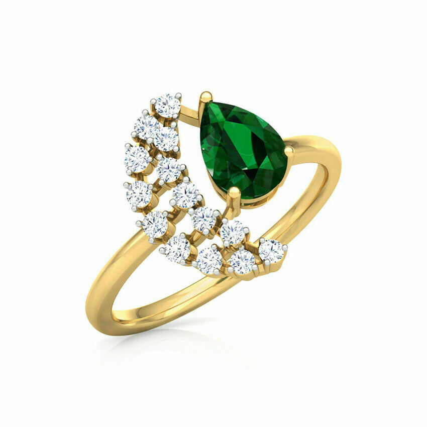 2 CT Pear Cut Green Emerald & Diamond Engagement Ring 925 Sterling Silver