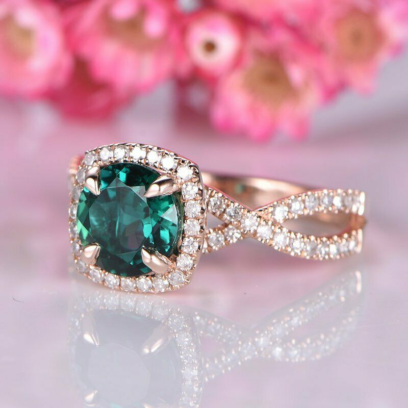 1 CT Round Cut Green Emerald Diamond Halo Wedding Ring 925 Sterling Silver