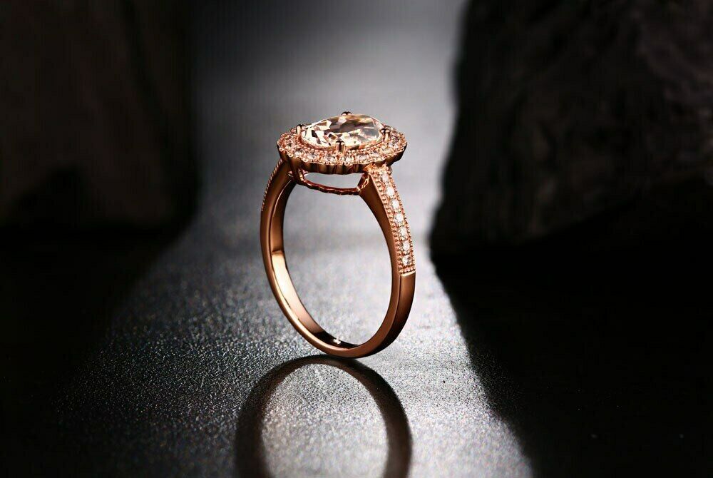 925 Sterling Silver 2 CT Oval Cut Morganite Diamond Halo Engagement Ring