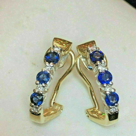 2 CT Round Cut Blue Sapphire And White Diamond Earrings For Women In 925 Sterling Sliver