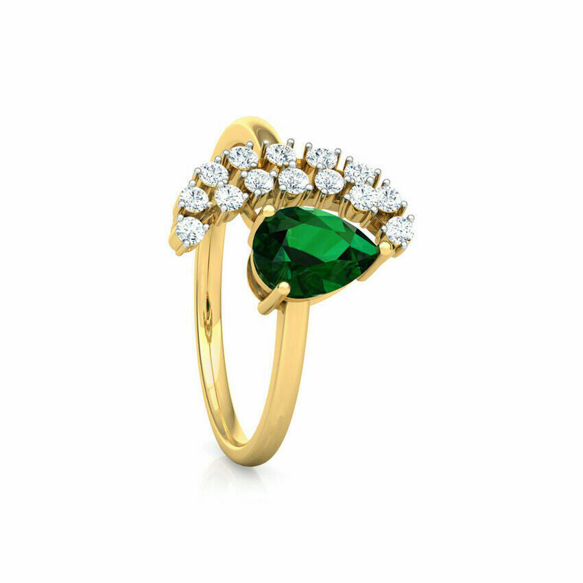 2 CT Pear Cut Green Emerald & Diamond Engagement Ring 925 Sterling Silver