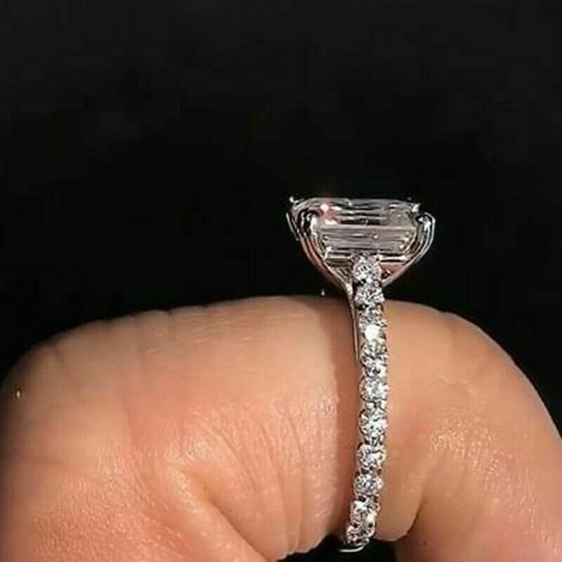 925 Sterling Sliver 2 CT Emerald Cut White Diamond Engagement Ring