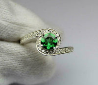 925 Sterling Sliver 1 CT Round Cut Emerald Diamond Engagement Ring