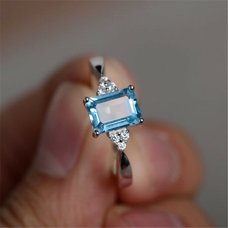 1 CT Emerald Cut Blue Topaz 925 Sterling Silver Women's Solitaire With Accents Ring