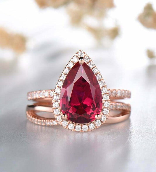 2.75 CT Pear Cut Red Ruby & Halo Diamond Wedding Bridal Ring Set 925 Sterling Silver