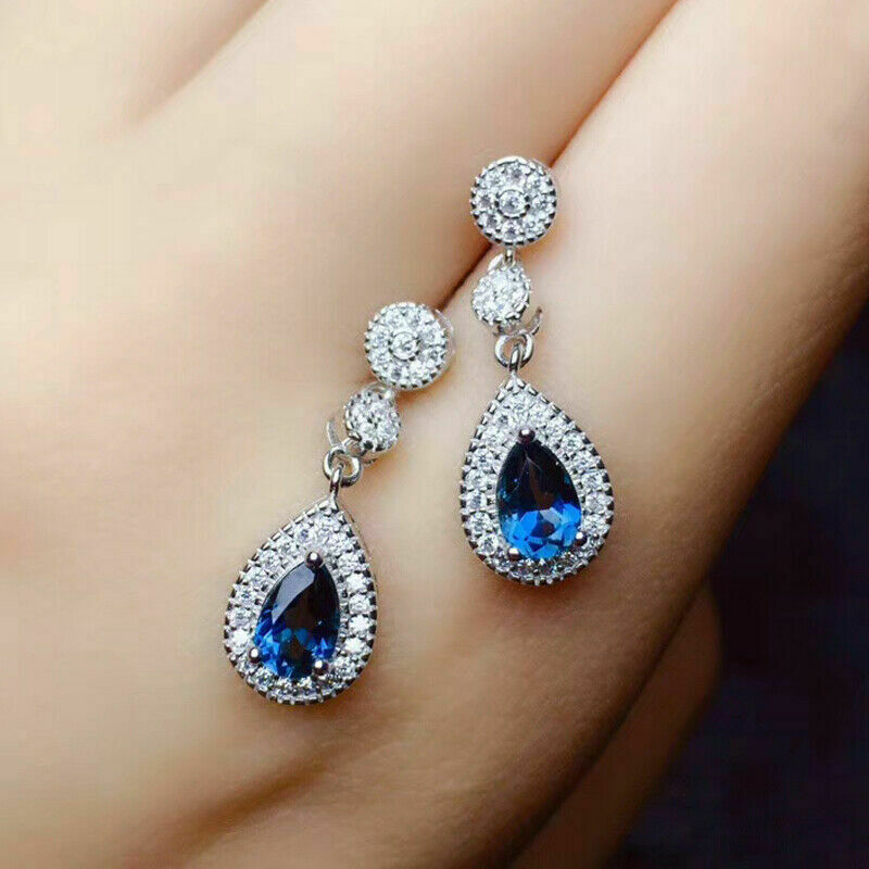 3 CT Pear Cut Blue Sapphire Diamond Drop Dangal Earrings 925 Sterling Silver