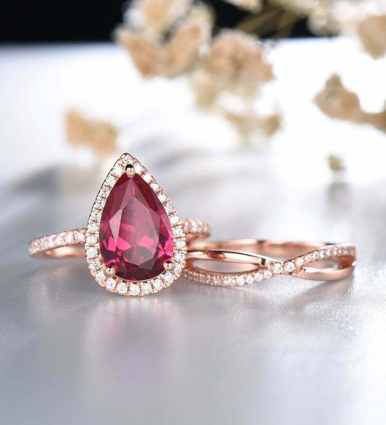 2.75 CT Pear Cut Red Ruby & Halo Diamond Wedding Bridal Ring Set 925 Sterling Silver