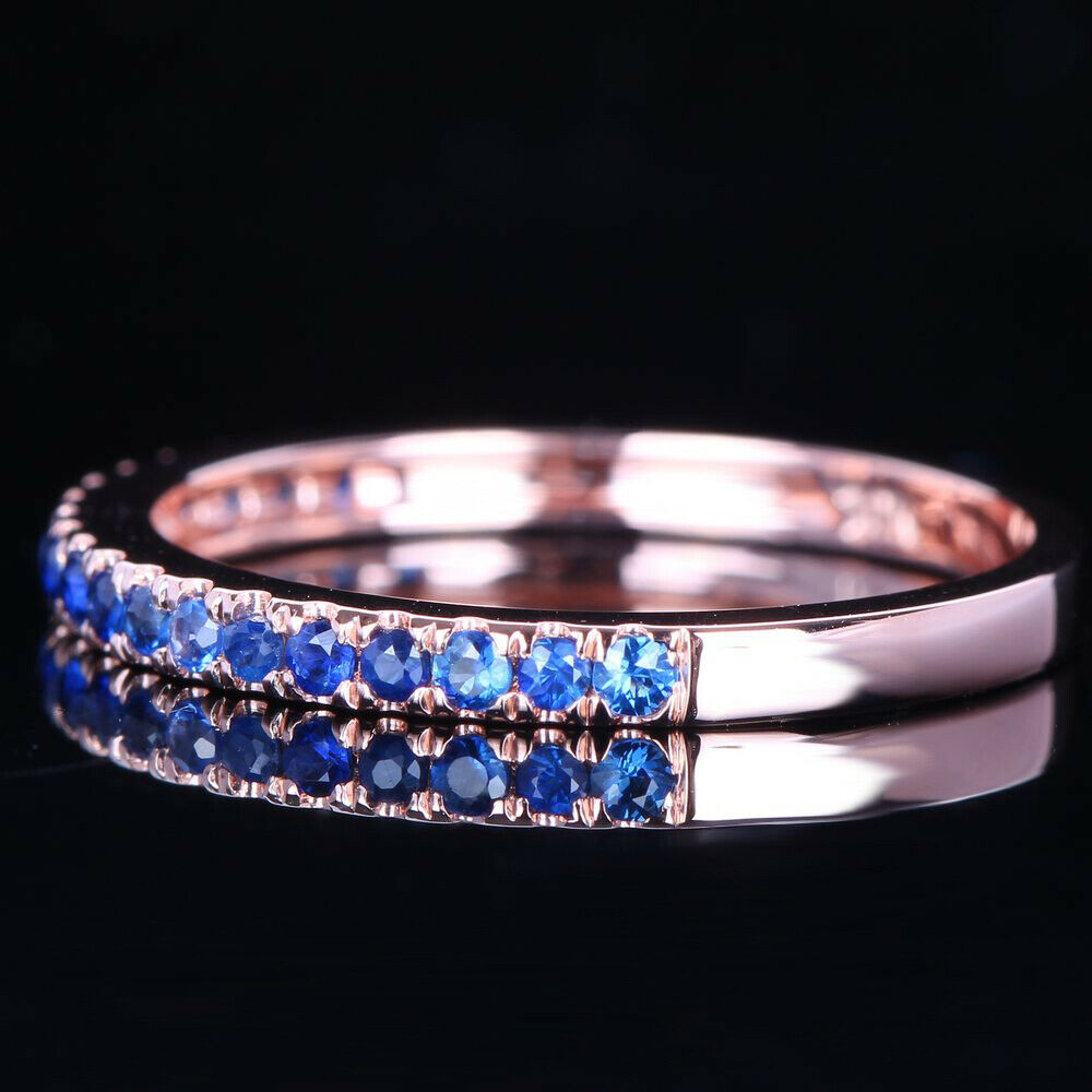 925 Sterling Silver 1 CT Round Cut Blue Sapphire Diamond Wedding Band Ring