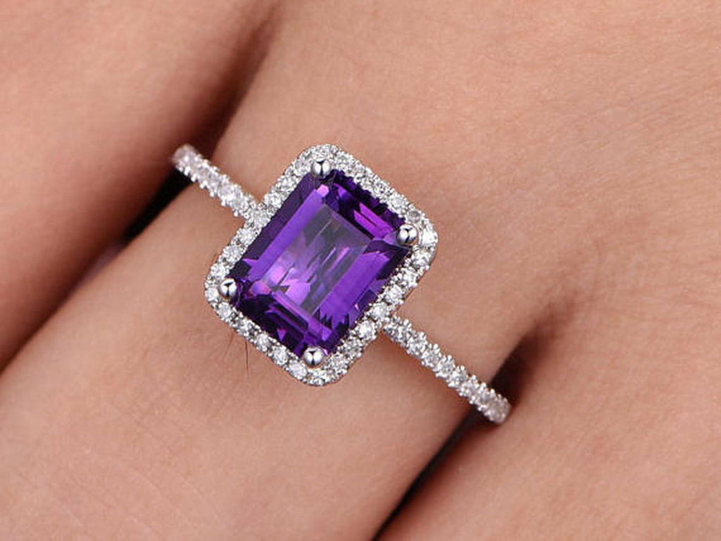 1 CT Emerald Cut Amethyst Halo Women's Engagement Ring 925 Sterling Silver