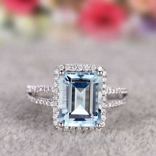 1 CT Emerald Cut Aquamarine Diamond Halo Anniversary Ring 925 Sterling Silver