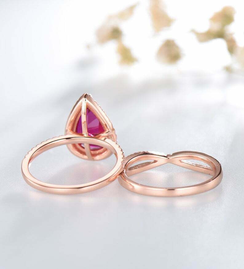 2.75 CT Pear Cut Red Ruby & Halo Diamond Wedding Bridal Ring Set 925 Sterling Silver