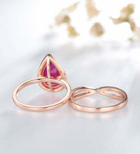 2.75 CT Pear Cut Red Ruby & Halo Diamond Wedding Bridal Ring Set 925 Sterling Silver