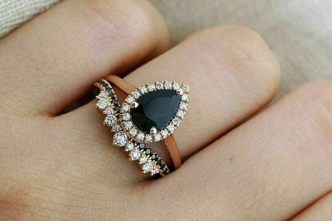 2 CT Pear Cut Black Diamond Halo Bridal Set Engagement Ring 925 Sterling Silver