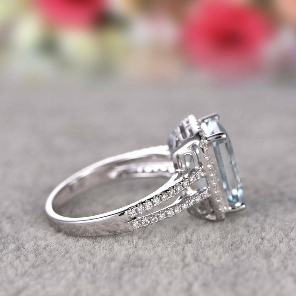 1 CT Emerald Cut Aquamarine Diamond Halo Anniversary Ring 925 Sterling Silver