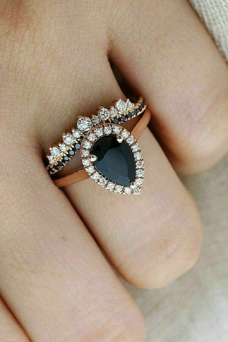 2 CT Pear Cut Black Diamond Halo Bridal Set Engagement Ring 925 Sterling Silver