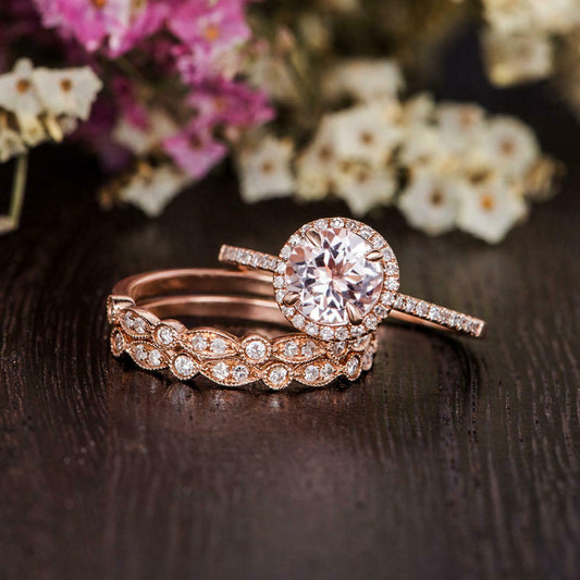 1.80 CT Round Cut Morganite Halo Wedding Women's Trio Ring Set 925 Sterling Silver