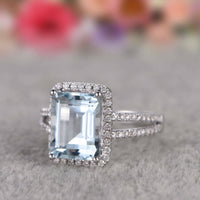 1 CT Emerald Cut Aquamarine Diamond Halo Anniversary Ring 925 Sterling Silver