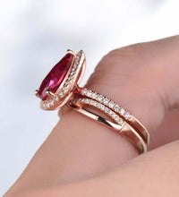 2.75 CT Pear Cut Red Ruby & Halo Diamond Wedding Bridal Ring Set 925 Sterling Silver