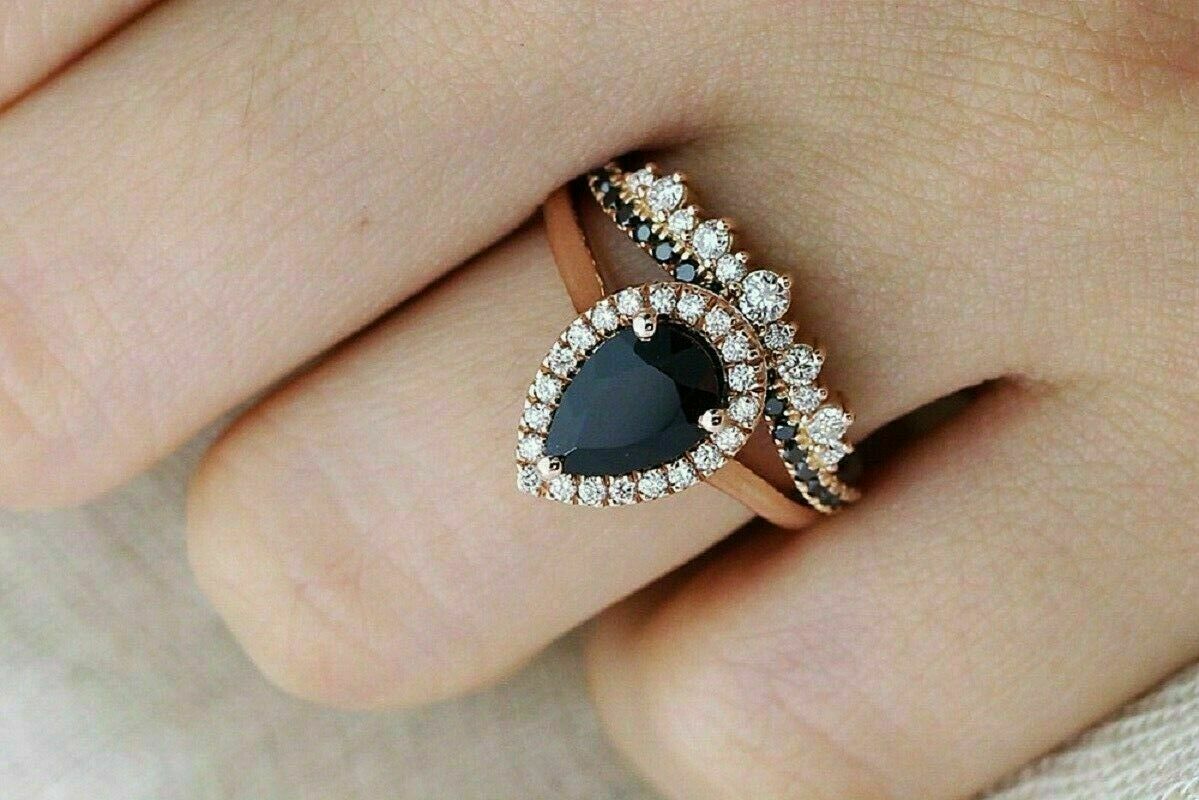 2 CT Pear Cut Black Diamond Halo Bridal Set Engagement Ring 925 Sterling Silver