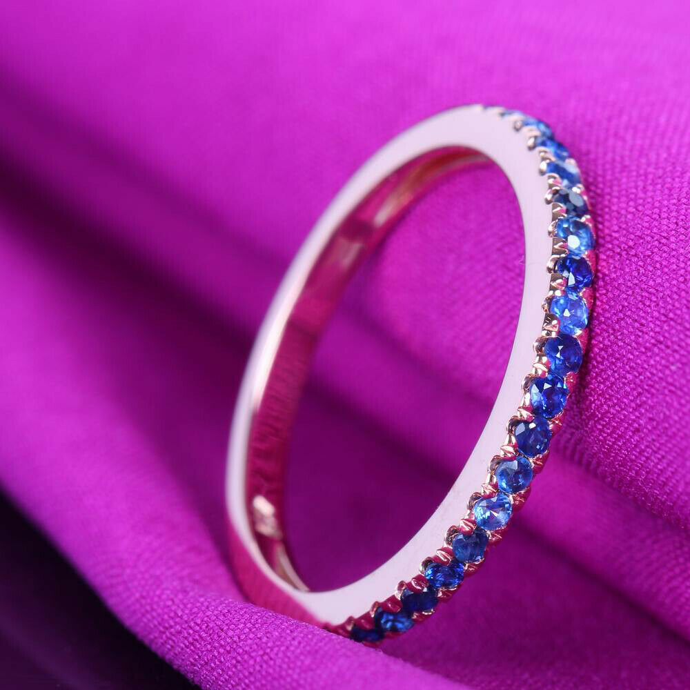 925 Sterling Silver 1 CT Round Cut Blue Sapphire Diamond Wedding Band Ring