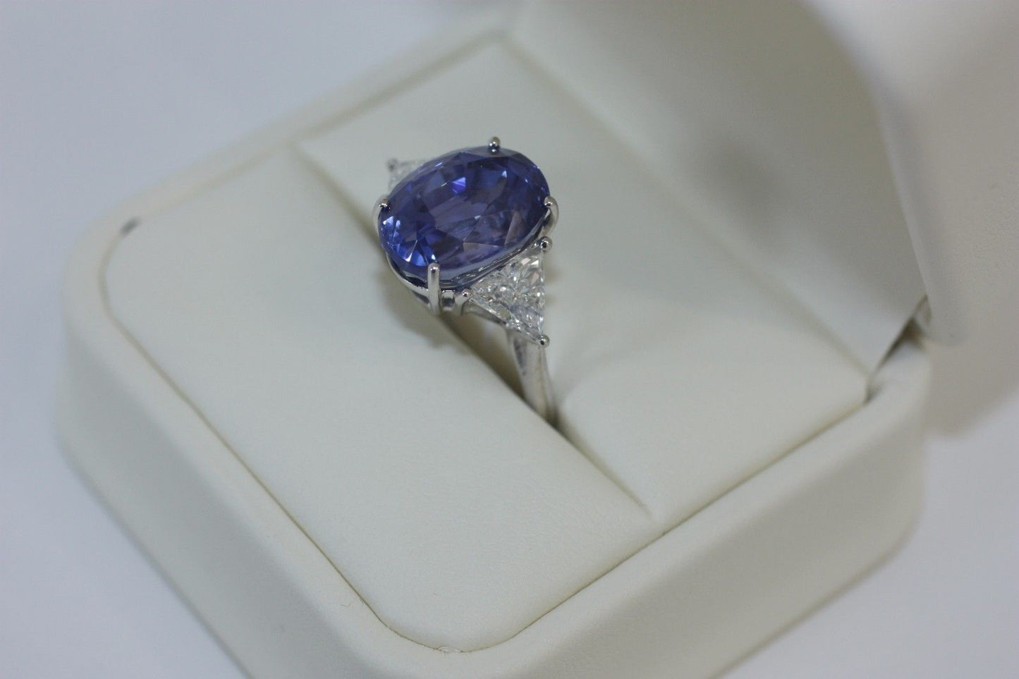 2 CT Oval Cut Blue Sapphire & White Trillion Diamond 925 Sterling Silver Three Stone Ring
