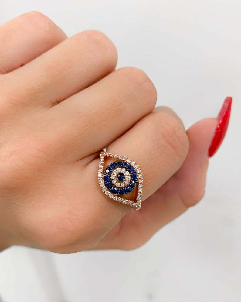 0.25 CT Round Cut Diamond Blue Sapphire 925 Sterling Silver Evil Eye Ring