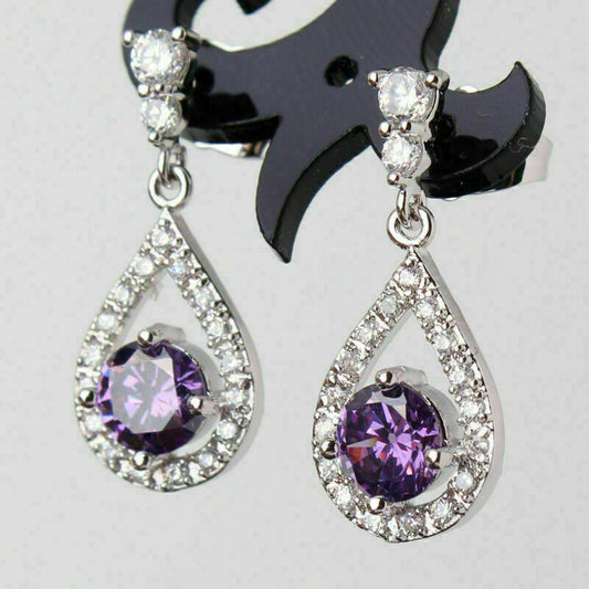 3 CT Round Cut Purple Amethyst Flower Drop/Dangle Earrings 925 Sterling Silver