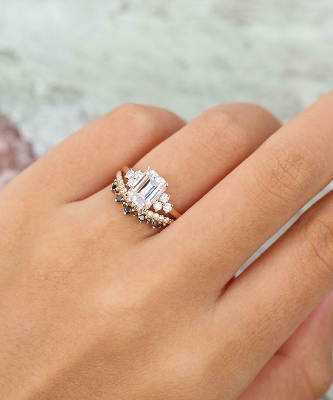 2 CT Emerald Cut Diamond Crown Bridal Set Engagement Ring 925 Sterling Silver