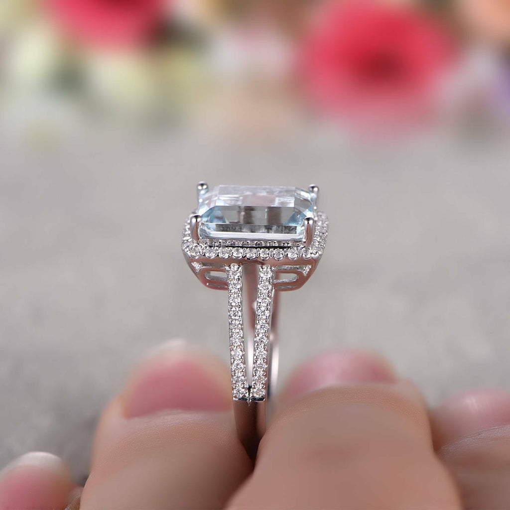 1 CT Emerald Cut Aquamarine Diamond Halo Anniversary Ring 925 Sterling Silver