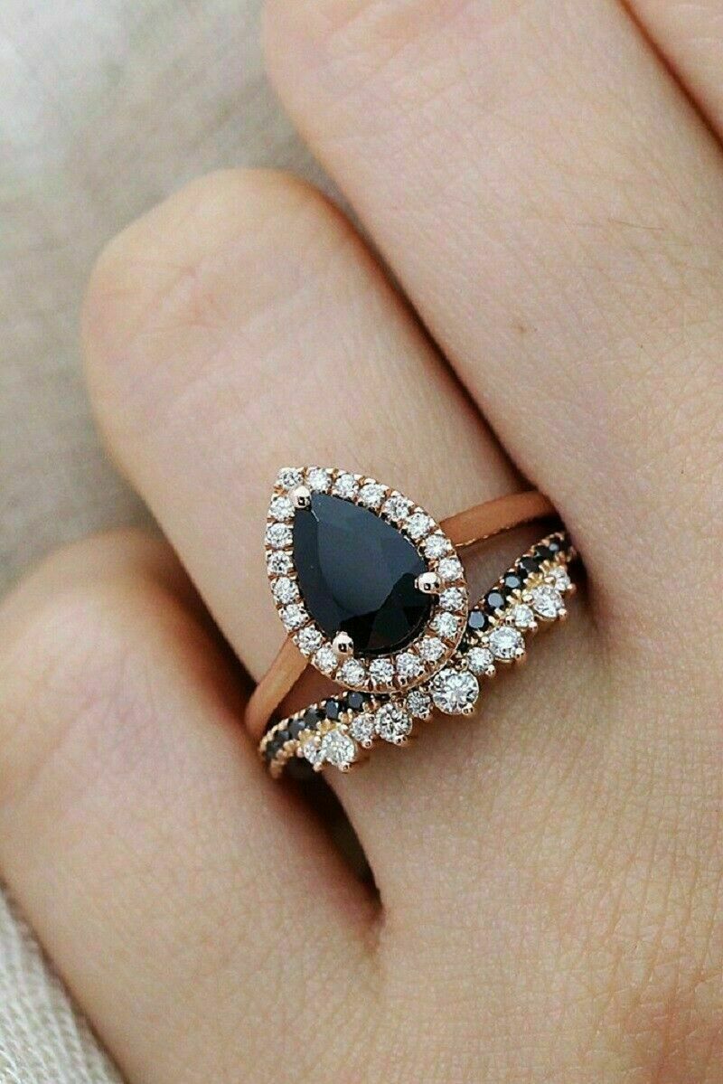 2 CT Pear Cut Black Diamond Halo Bridal Set Engagement Ring 925 Sterling Silver