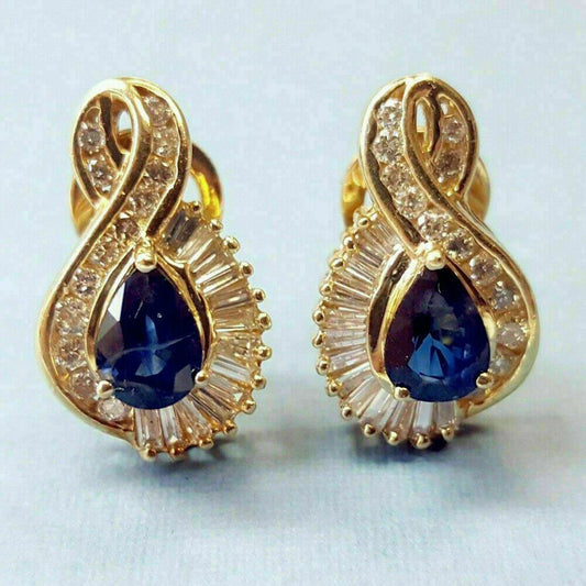 2 CT Pear Cut Blue Sapphire Hoop Earrings 925 Sterling Sliver Omega back