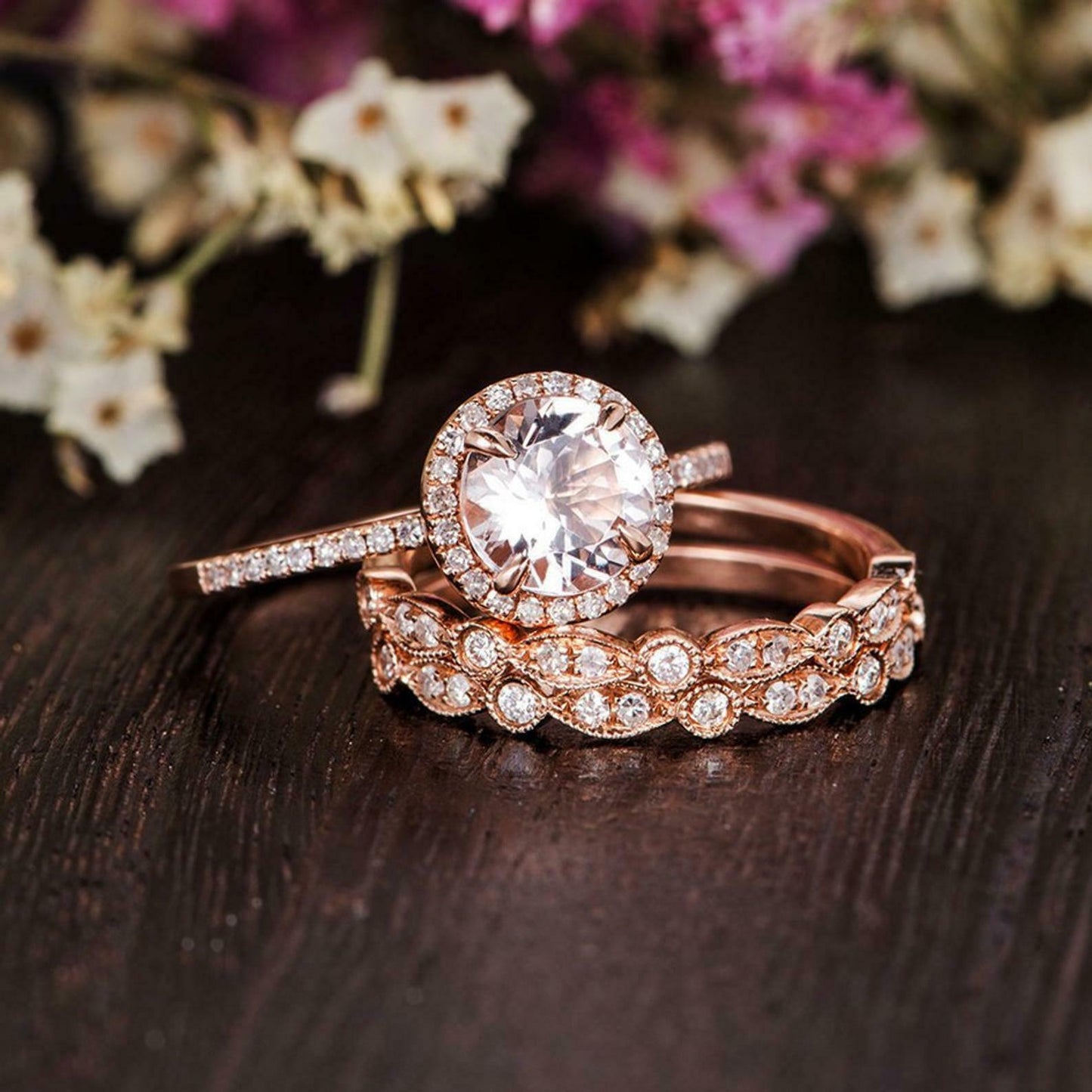 1.80 CT Round Cut Morganite Halo Wedding Women's Trio Ring Set 925 Sterling Silver
