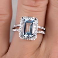 1 CT Emerald Cut Aquamarine Diamond Halo Anniversary Ring 925 Sterling Silver