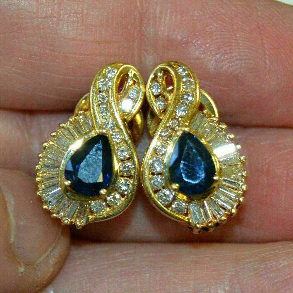 2 CT Pear Cut Blue Sapphire Hoop Earrings 925 Sterling Sliver Omega back