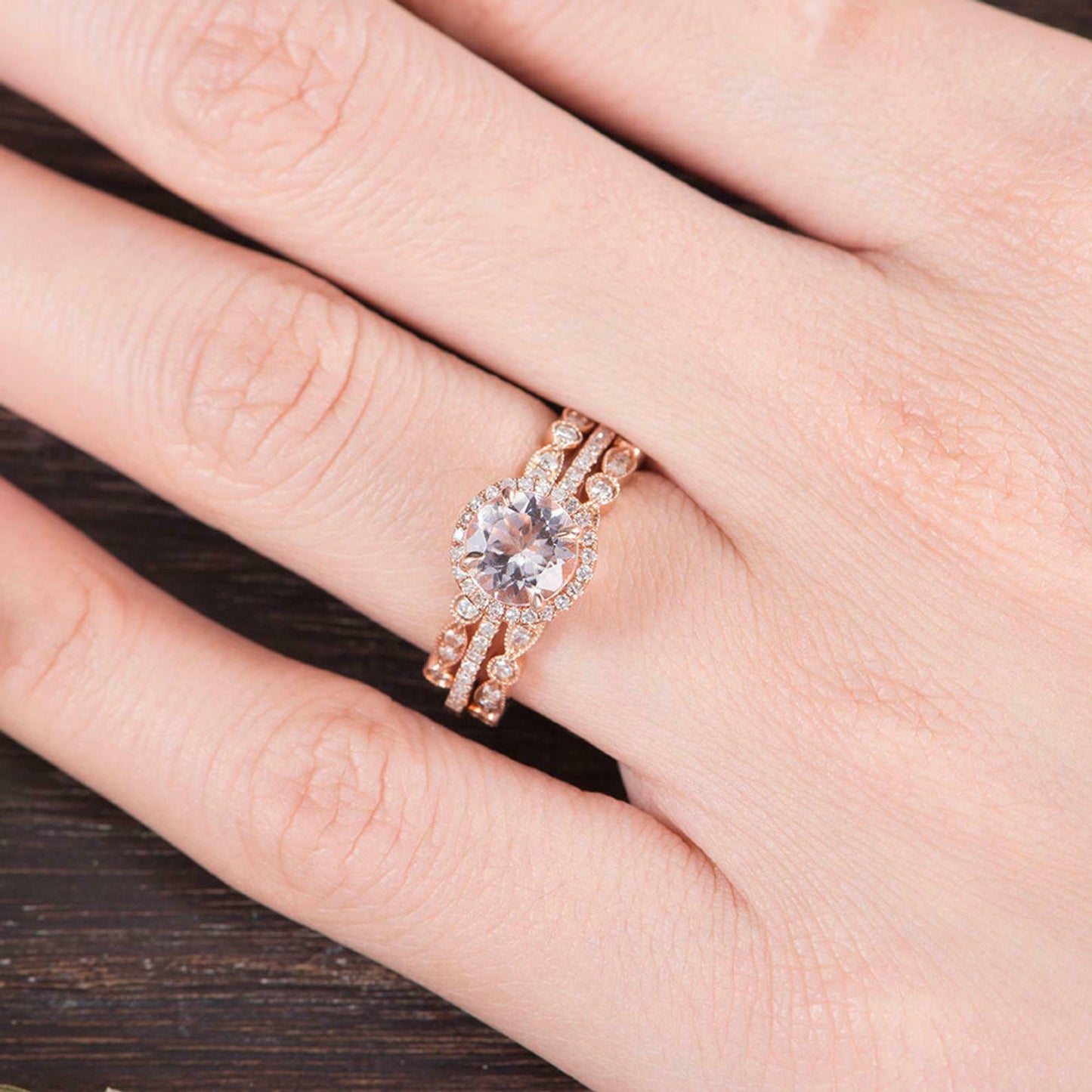 1.80 CT Round Cut Morganite Halo Wedding Women's Trio Ring Set 925 Sterling Silver